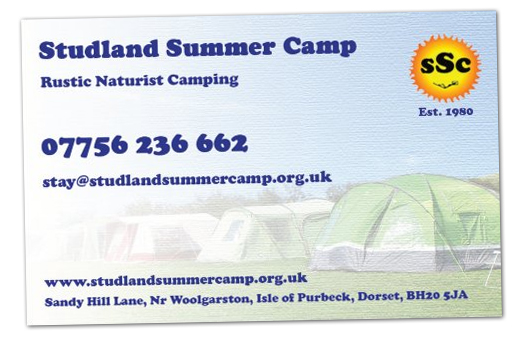 Studland Summer Camp contact card. Rustic Naturist Camping. Telephone 07756 236 662. Email stay@studlandsummercamp.org.uk.